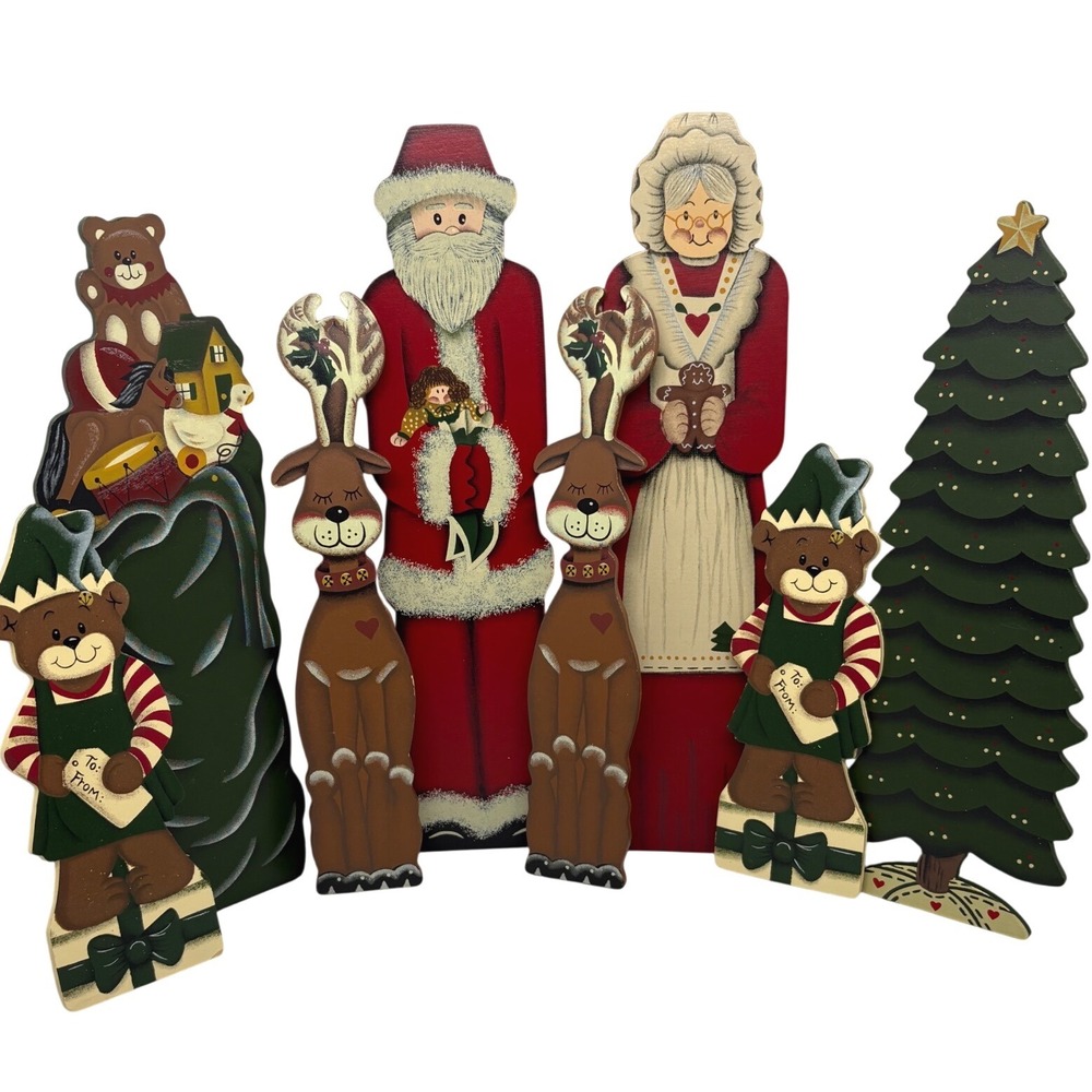 Wooden Christmas Mantel Figurines Set 8pc Santa Mrs Claus Reindeer Tree